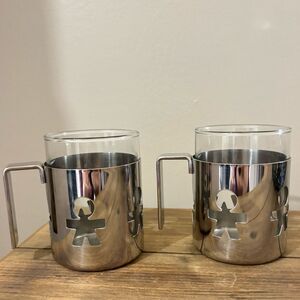 Vintage Alessi Postmodern Girotondo Design Mug Stainless Steel Glass Set of 2